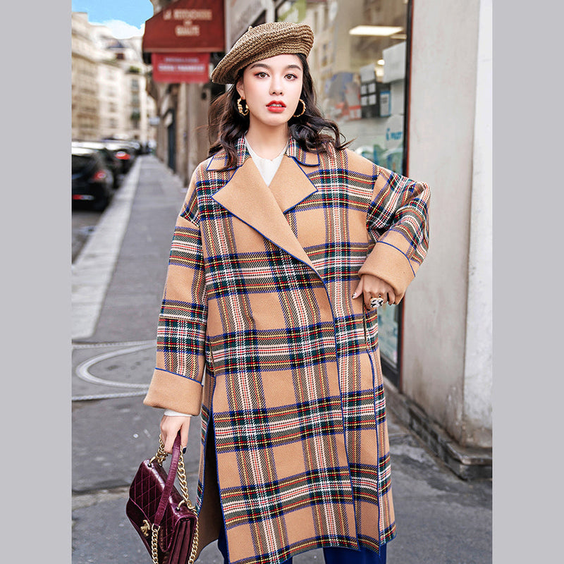Khaki Plaid Coats Notched Winter Coat Fine Side Open Pockets Wool Jackets