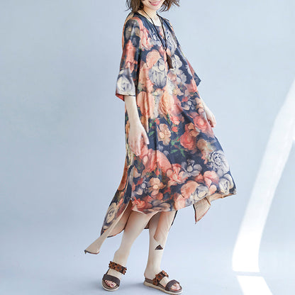 Khaki Cotton Blended Maxi Dress Print Half Sleeve Long Dresses New O Neck Cotton Blended Clothing