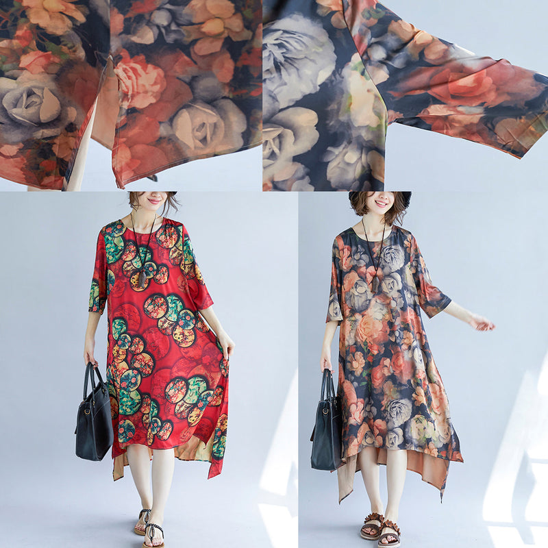 Khaki Cotton Blended Maxi Dress Print Half Sleeve Long Dresses New O Neck Cotton Blended Clothing