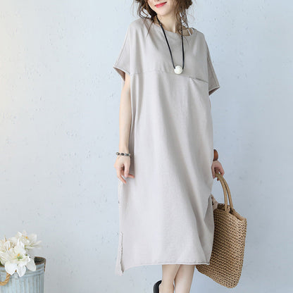 Khaki Cotton Dress Oversize Traveling Dress Boutique Short Sleeve O Neck Natural Cotton Dress