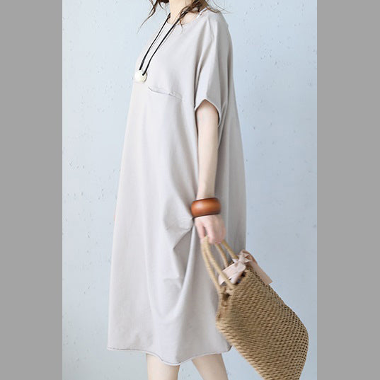 Khaki Cotton Dress Oversize Traveling Dress Boutique Short Sleeve O Neck Natural Cotton Dress