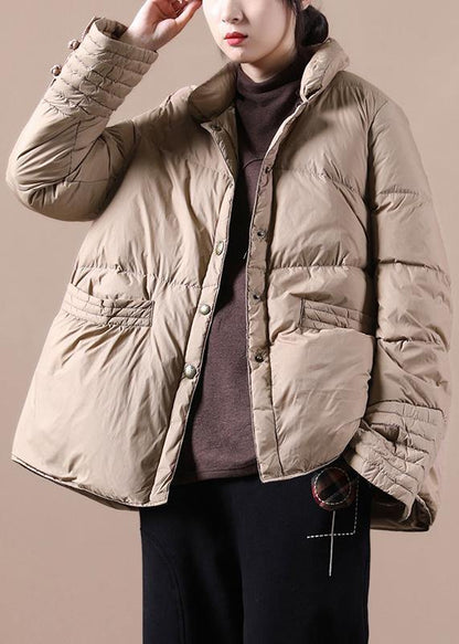 Khaki Down Coat Winter Stand Collar Chinese Button Overcoat