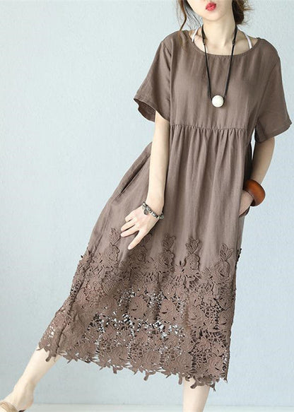 Khaki Linen Maxi Dress Loose Fitting O Neck Traveling Dress Short Sleeve Baggy Dresses