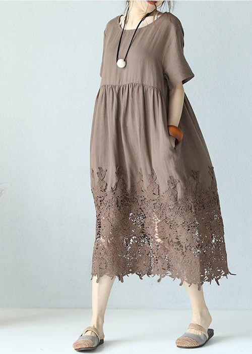 Khaki Linen Maxi Dress Loose Fitting O Neck Traveling Dress Short Sleeve Baggy Dresses