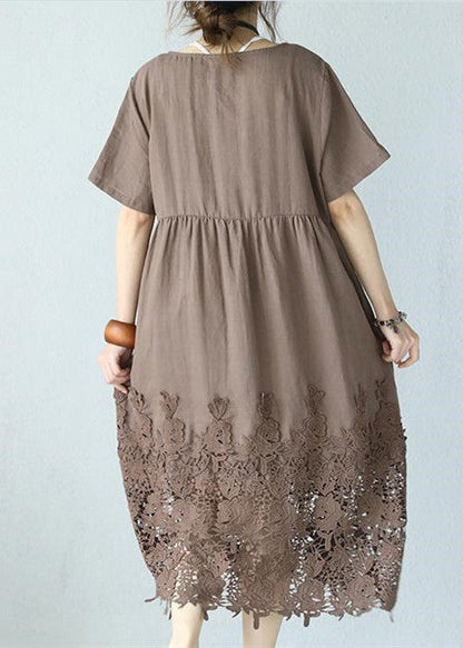 Khaki Linen Maxi Dress Loose Fitting O Neck Traveling Dress Short Sleeve Baggy Dresses
