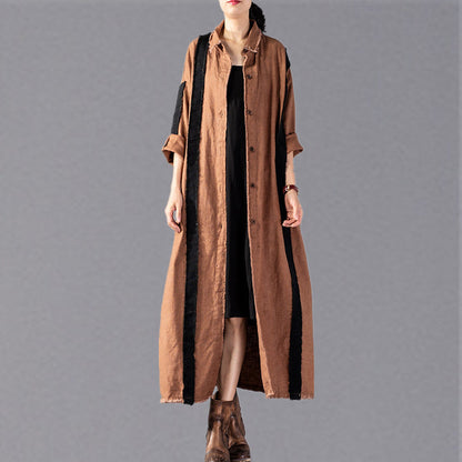 Khaki Long Coat Loose Fitting Patchwork Pockets Outwear New Turn-down Collar Long Coats