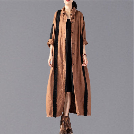 Khaki Long Coat Loose Fitting Patchwork Pockets Outwear New Turn-down Collar Long Coats