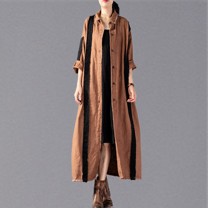 Khaki Long Coat Loose Fitting Patchwork Pockets Outwear New Turn-down Collar Long Coats