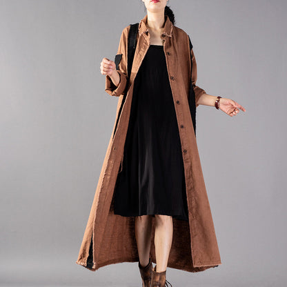 Khaki Long Coat Loose Fitting Patchwork Pockets Outwear New Turn-down Collar Long Coats
