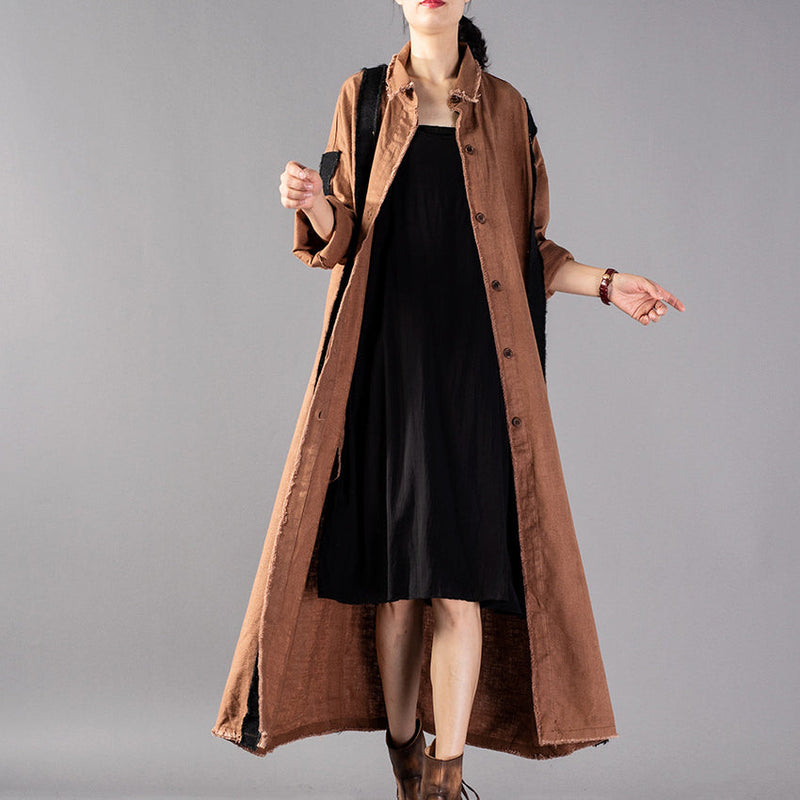 Khaki Long Coat Loose Fitting Patchwork Pockets Outwear New Turn-down Collar Long Coats