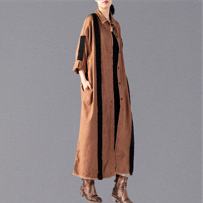 Khaki Long Coat Loose Fitting Patchwork Pockets Outwear New Turn-down Collar Long Coats