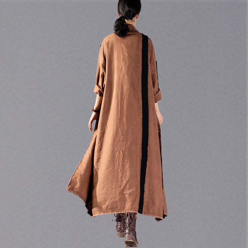 Khaki Long Coat Loose Fitting Patchwork Pockets Outwear New Turn-down Collar Long Coats