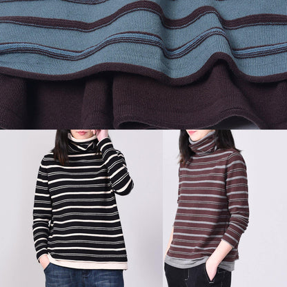 Khaki Striped Knitted Tops Oversized High Neck Knit Sweater Long Sleeve