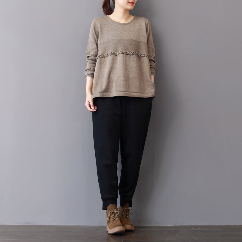 Khaki Sweater Fall Patchwork Sweaters Ruffles Fall Blouse