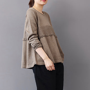 Khaki Sweater Fall Patchwork Sweaters Ruffles Fall Blouse