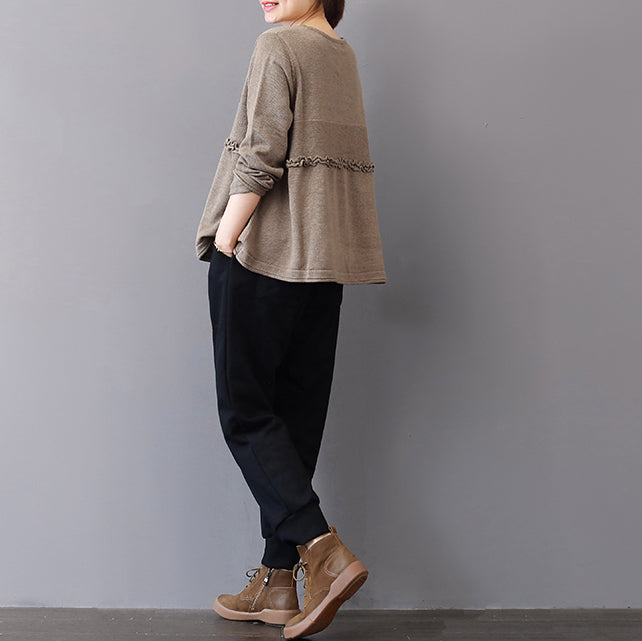 Khaki Sweater Fall Patchwork Sweaters Ruffles Fall Blouse