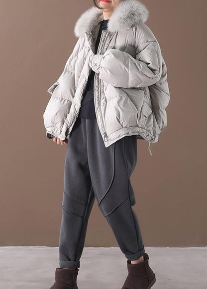 Light Gray Down Jacket Oversize Down Jacket Fur Collar Drawstring Coats