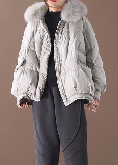 Light Gray Down Jacket Oversize Down Jacket Fur Collar Drawstring Coats