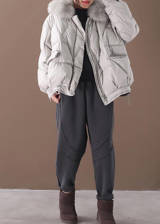 Light Gray Down Jacket Oversize Down Jacket Fur Collar Drawstring Coats