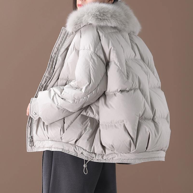 Light Gray Down Jacket Oversize Down Jacket Fur Collar Drawstring Coats