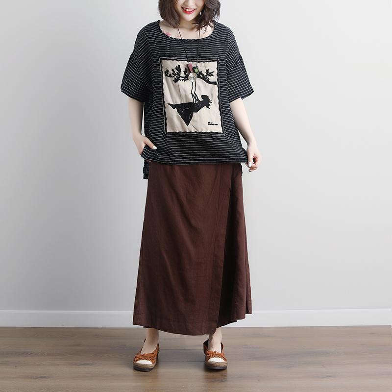 Linen Blouse Loose Fitting Stripe Short Sleeve High-low Hem Embroidery Tops