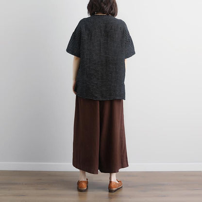 Linen Blouse Loose Fitting Stripe Short Sleeve High-low Hem Embroidery Tops