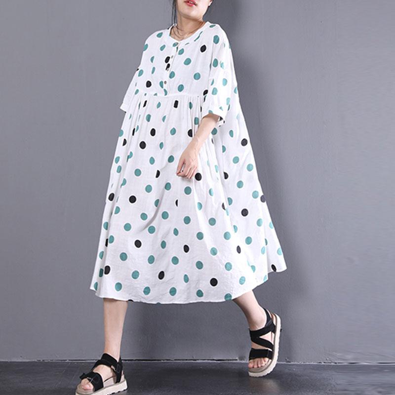 Linen Shift Dress Oversized Loose Short Sleeve Dots Printed White Pleated Dress