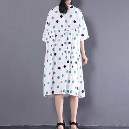 Linen Shift Dress Oversized Loose Short Sleeve Dots Printed White Pleated Dress