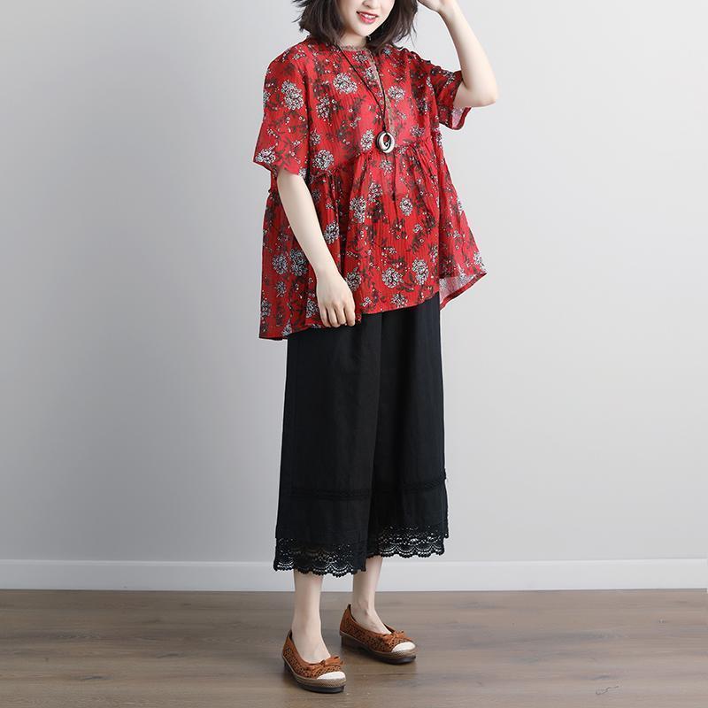 Linen Tops Loose Fitting Round Neck Summer Short Sleeve Red Blouse