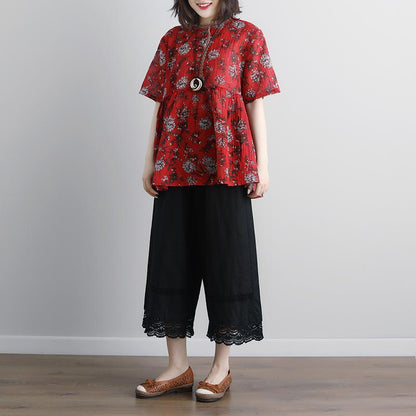 Linen Tops Loose Fitting Round Neck Summer Short Sleeve Red Blouse