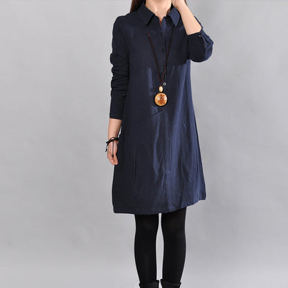 Navy Pure Linen Dresses Loose Fitting Cotton Maxi Dress Fine Big Pockets Long Sleeve Shirt Dress