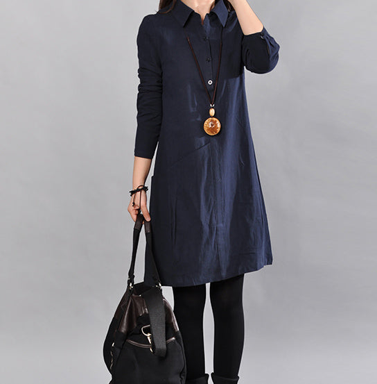 Navy Pure Linen Dresses Loose Fitting Cotton Maxi Dress Fine Big Pockets Long Sleeve Shirt Dress