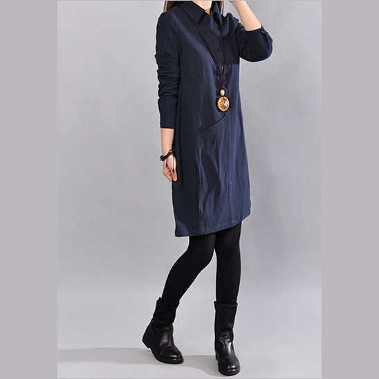 Navy Pure Linen Dresses Loose Fitting Cotton Maxi Dress Fine Big Pockets Long Sleeve Shirt Dress