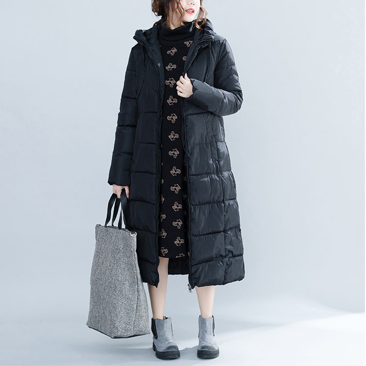 New Black Hooded Quilted Coat Pockets Zippered Cotton Coats
