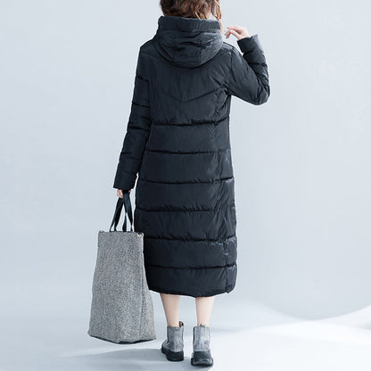 New Black Hooded Quilted Coat Pockets Zippered Cotton Coats