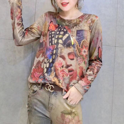 New Gold Prints Cotton Sweater Wild O Neck Elastic Knit Sweater