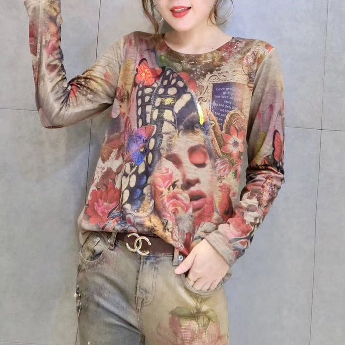 New Gold Prints Cotton Sweater Wild O Neck Elastic Knit Sweater