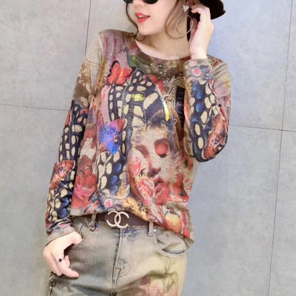 New Gold Prints Cotton Sweater Wild O Neck Elastic Knit Sweater