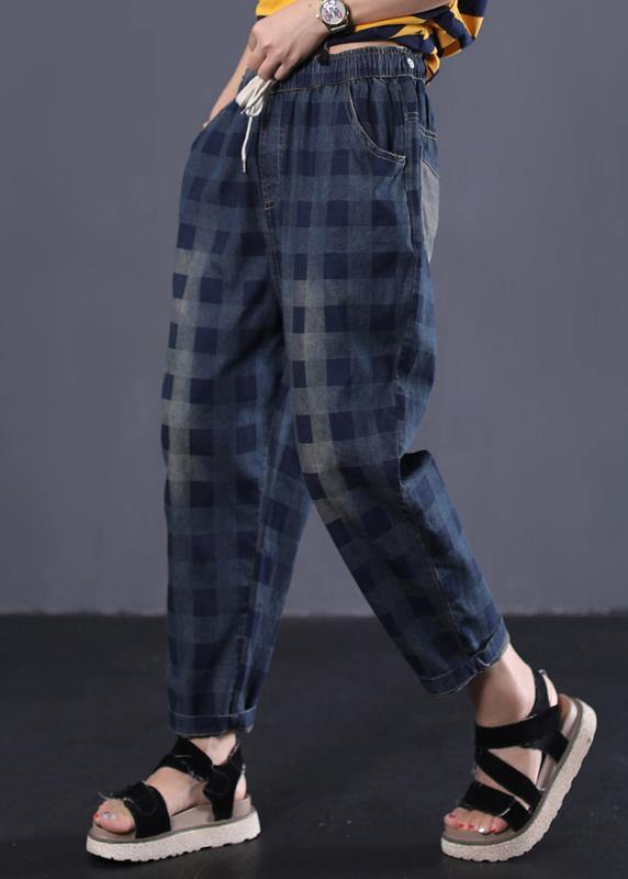 New Navy Plaid Cotton Pant Elastic Waist Pants