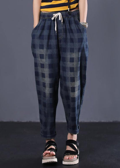 New Navy Plaid Cotton Pant Elastic Waist Pants