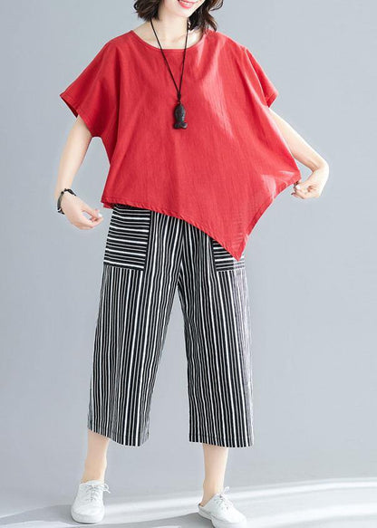 New Red Asymmetric Hem Tops and Striped Crop Pants