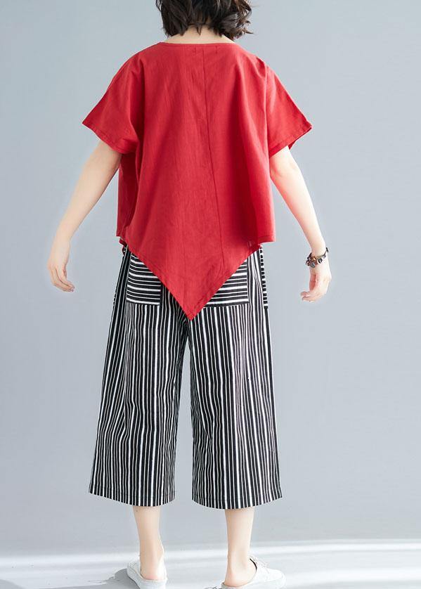 New Red Asymmetric Hem Tops and Striped Crop Pants