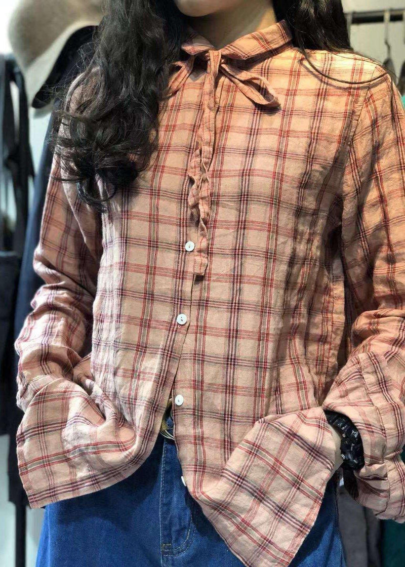 New Turn-down Collar Big Plaid Retro Linen Blended Tops