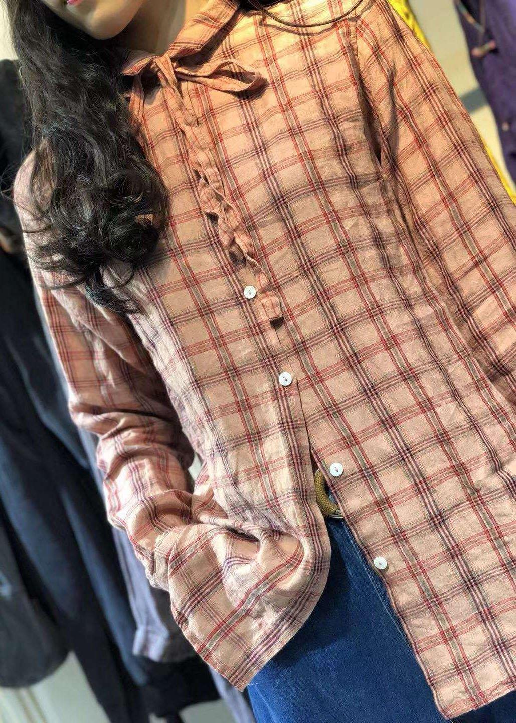 women new turn-down collar Big Plaid retro linen blended tops