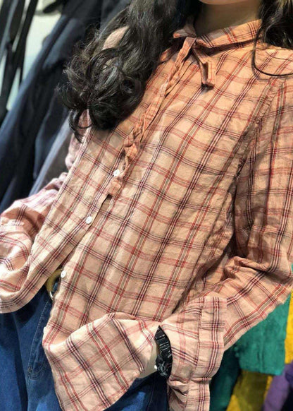 women new turn-down collar Big Plaid retro linen blended tops