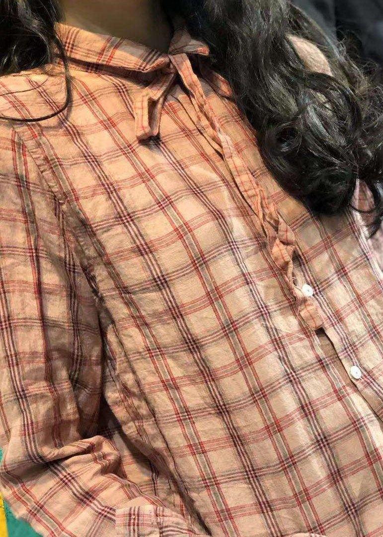 New Turn-down Collar Big Plaid Retro Linen Blended Tops