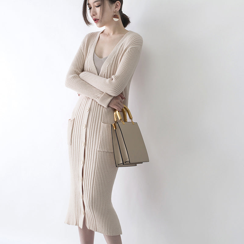 Nude Winter Coat V Neck Long Coat New Pockets Cardigan Coats