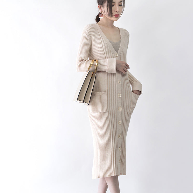 Nude Winter Coat V Neck Long Coat New Pockets Cardigan Coats
