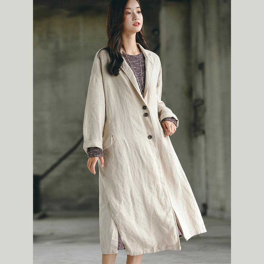 Nude Long Coat Oversize Notched Trench Coat Side Open Baggy Coat