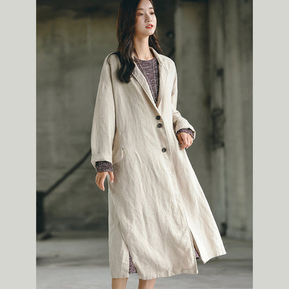 Nude Long Coat Oversize Notched Trench Coat Side Open Baggy Coat